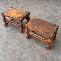 2 x Spanish footstool / wood leather / medieval-style / 1920s /