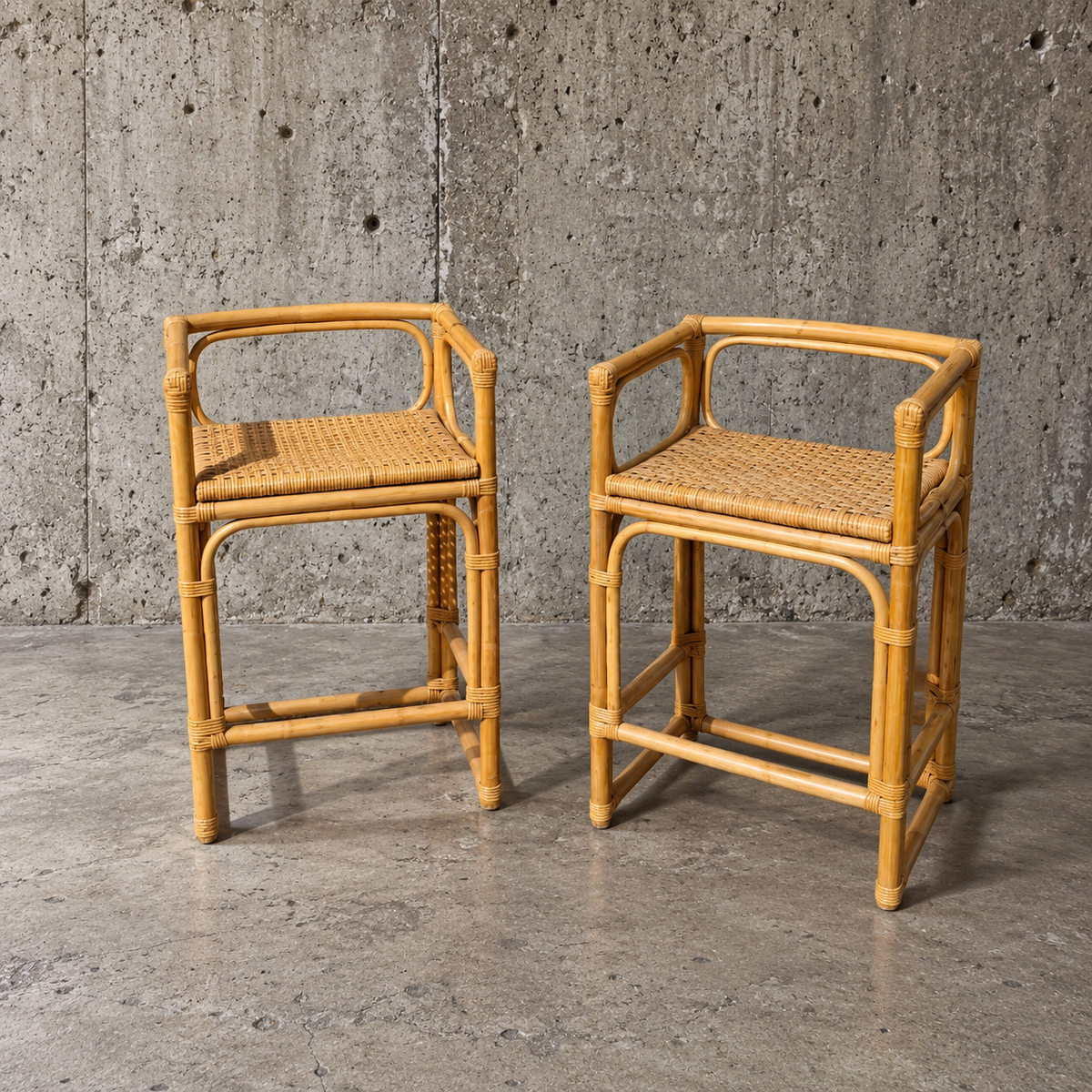 2 x rattan / bamboo stool / wicker seat / 1970s