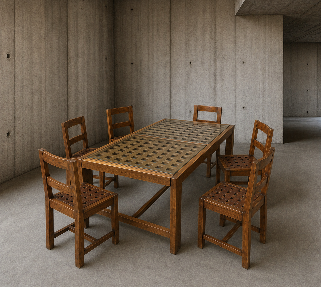 6 × chairs / dining table in oak / Table openwork top / 2 inlaid glass panels / open woven leather seats / Original set l in very good condition / France 1950s