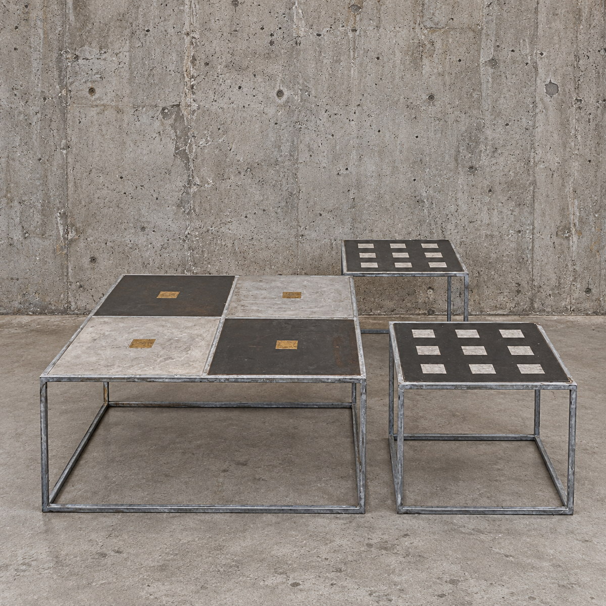 Set of three industrial / brutalist side / coffee tables / 1990s