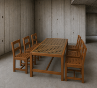 6 × chairs / dining table in oak / Table openwork top / 2 inlaid glass panels / open woven leather seats / Original set l in very good condition / France 1950s