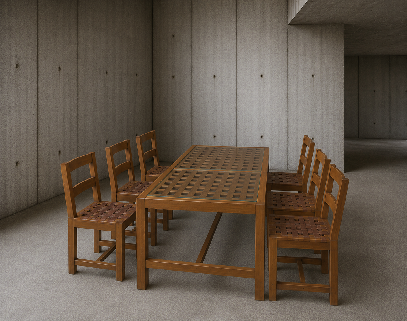 6 × chairs / dining table in oak / Table openwork top / 2 inlaid glass panels / open woven leather seats / Original set l in very good condition / France 1950s