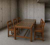 6 × chairs / dining table in oak / Table openwork top / 2 inlaid glass panels / open woven leather seats / Original set l in very good condition / France 1950s