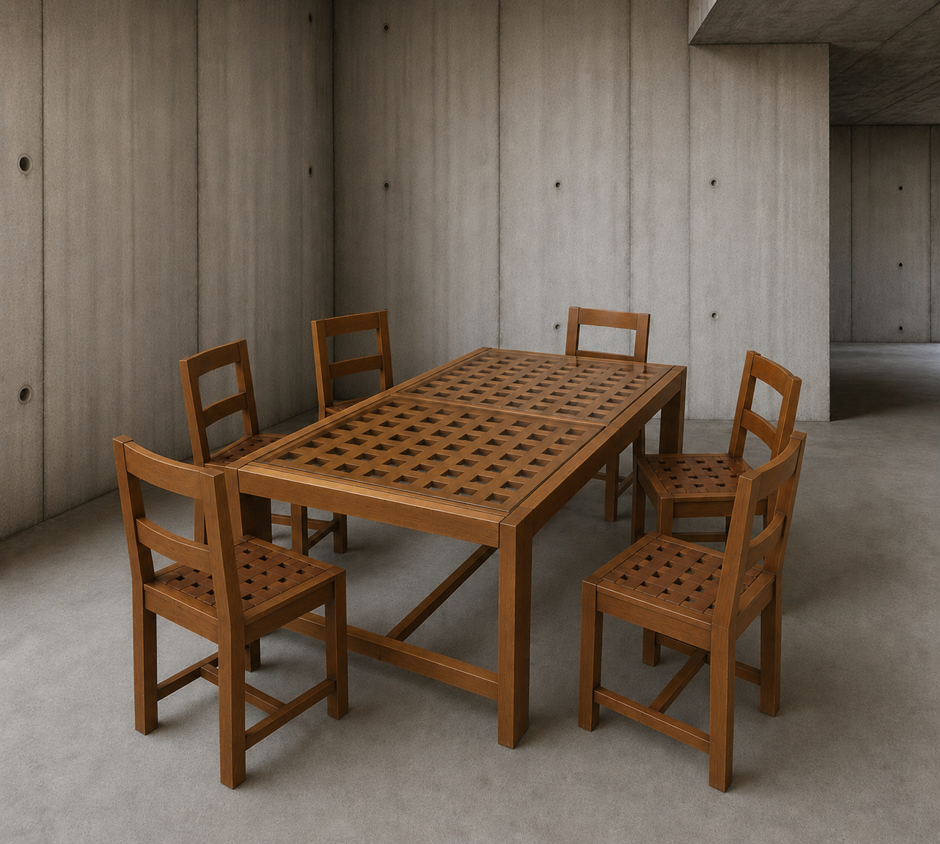 6 × chairs / dining table in oak / Table openwork top / 2 inlaid glass panels / open woven leather seats / Original set l in very good condition / France 1950s