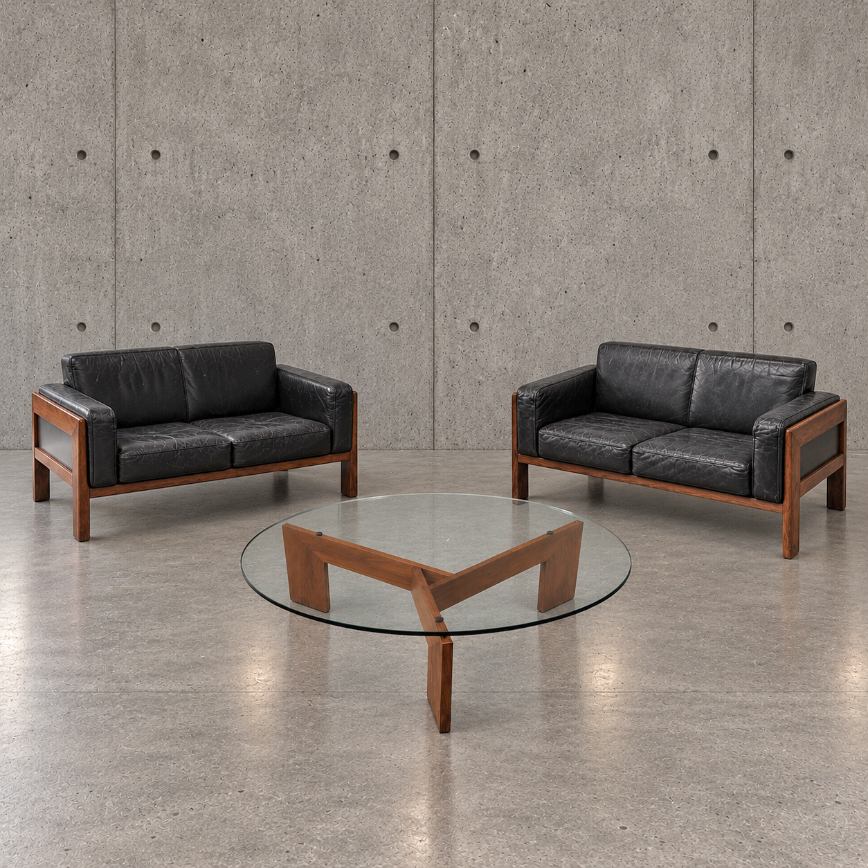 2 x Italian mid-century rosewood black leather sofa Bastiano by Afra Tobia Scarpa / Knoll / Gavina / 1960s
