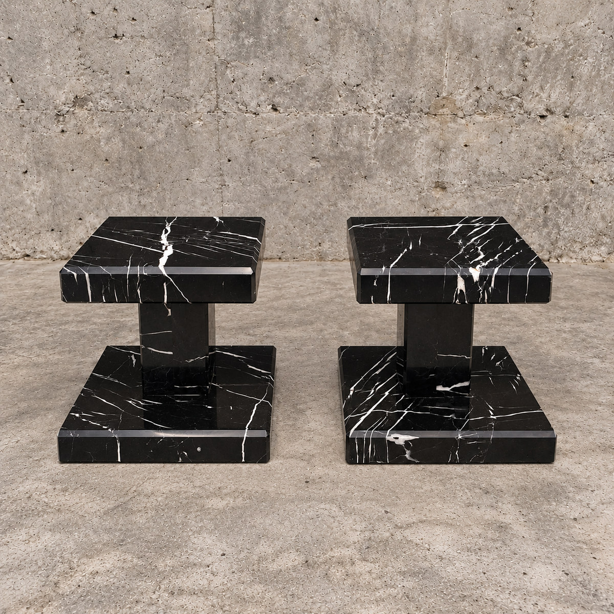 2 x Black Nero Marquina marble column / minimalist side table or pedestal / height 30 cm