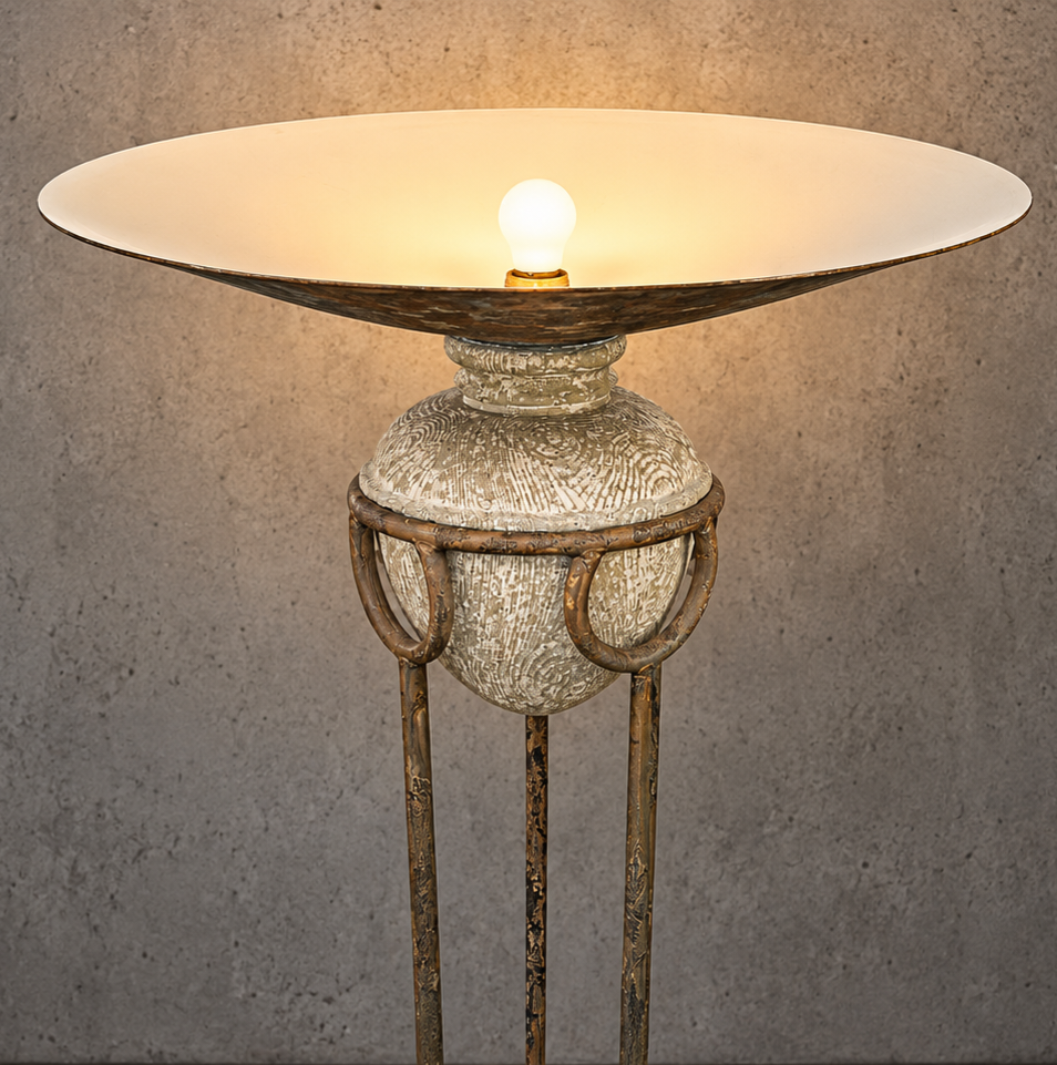 Neo classic forged floorlamp / metal shade/ stone base / 1970s