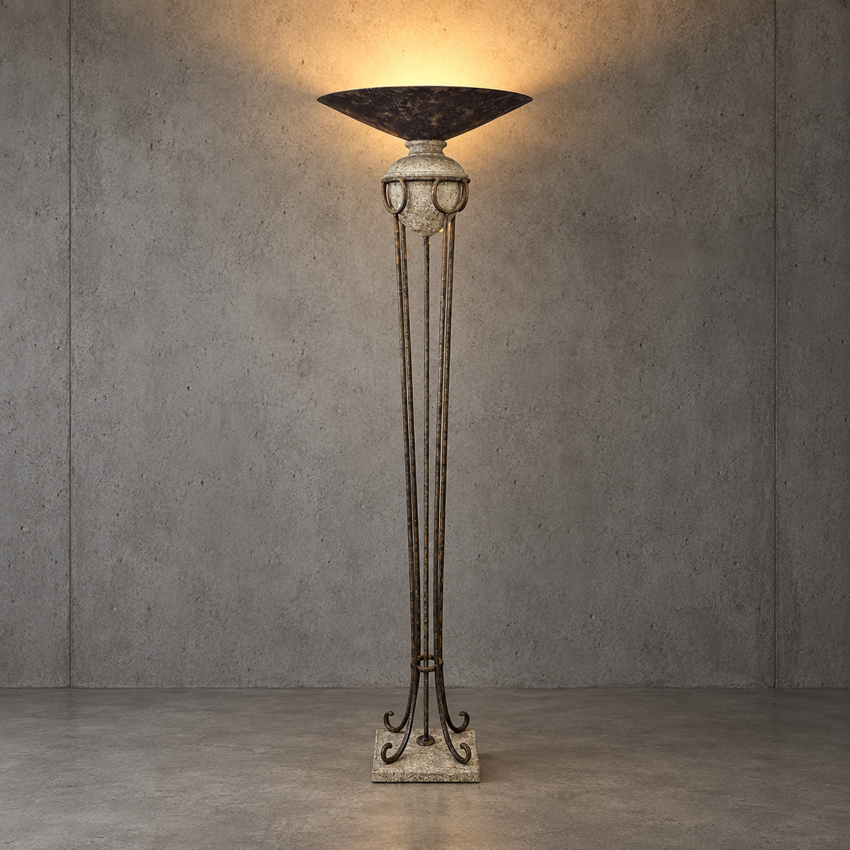 Neo classic forged floorlamp / metal shade/ stone base / 1970s
