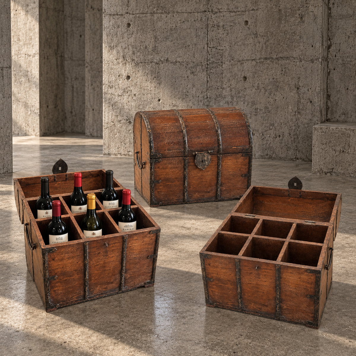 Antique Military Campaign Style Brass Bound Wooden Six Wine Bottle Chest