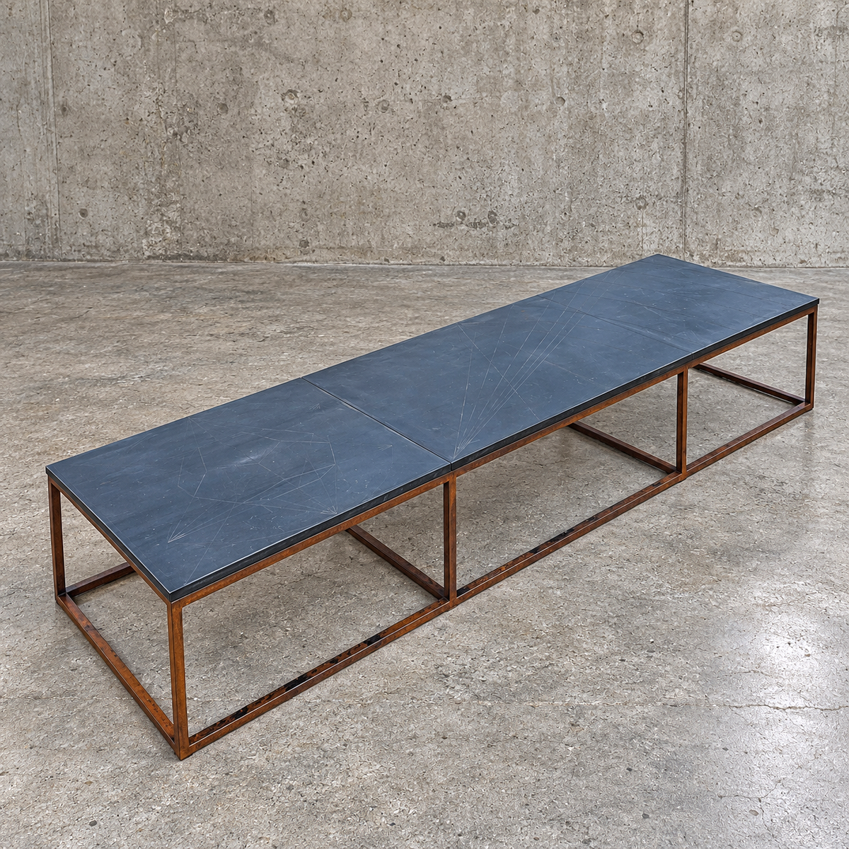 Weighty coffee table / solid iron frame / stone slate table tops / made on commission by architect Alex Vervoordt / Belgium 1990s /