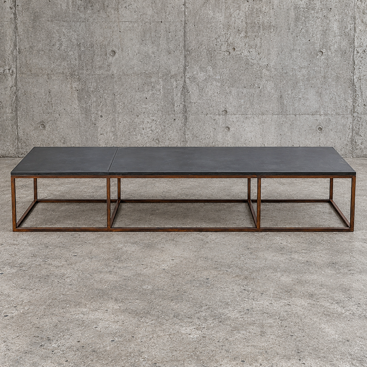 Weighty coffee table / solid iron frame / stone slate table tops / made on commission by architect Alex Vervoordt / Belgium 1990s /
