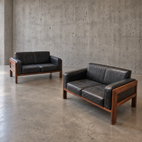 2 x Italian mid-century rosewood black leather sofa Bastiano by Afra Tobia Scarpa / Knoll / Gavina / 1960s