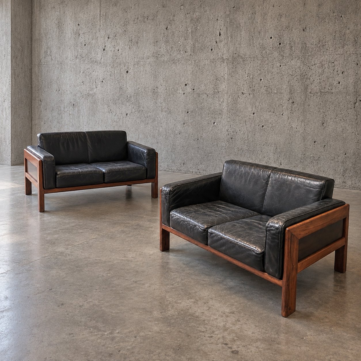 2 x Italian mid-century rosewood black leather sofa Bastiano by Afra Tobia Scarpa / Knoll / Gavina / 1960s