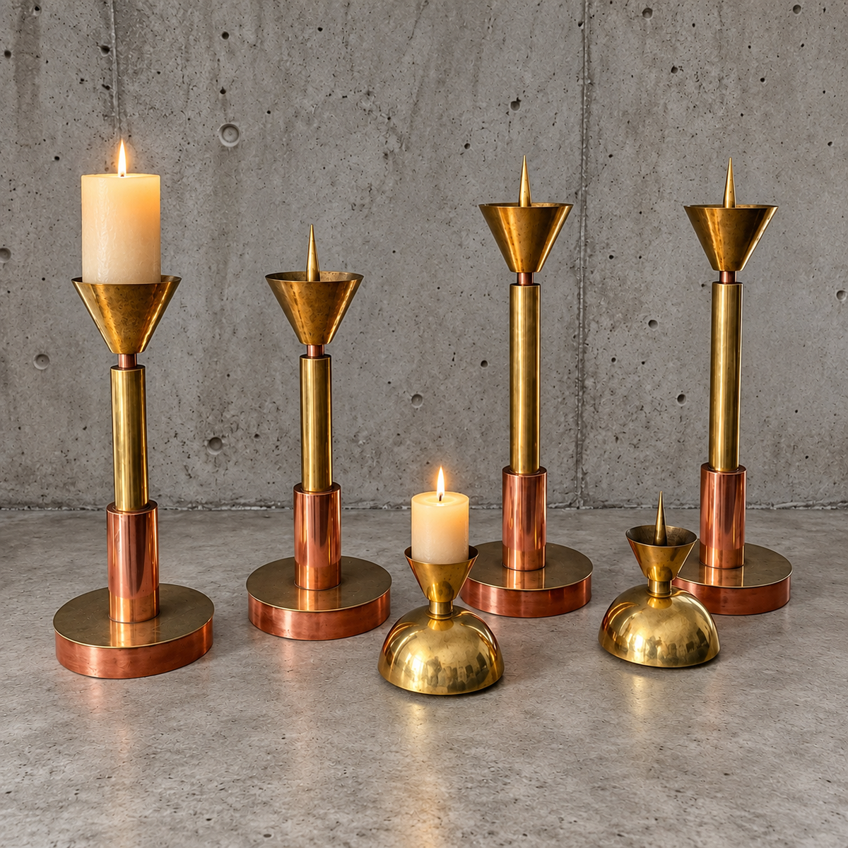 4 x Large / weighty postmodern candles / 1970s / two heights 60 - 70 cm / copper - brass