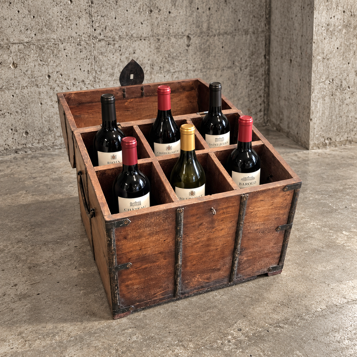 Antique Military Campaign Style Brass Bound Wooden Six Wine Bottle Chest