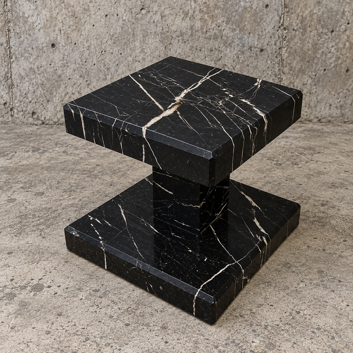 2 x Black Nero Marquina marble column / minimalist side table or pedestal / height 30 cm