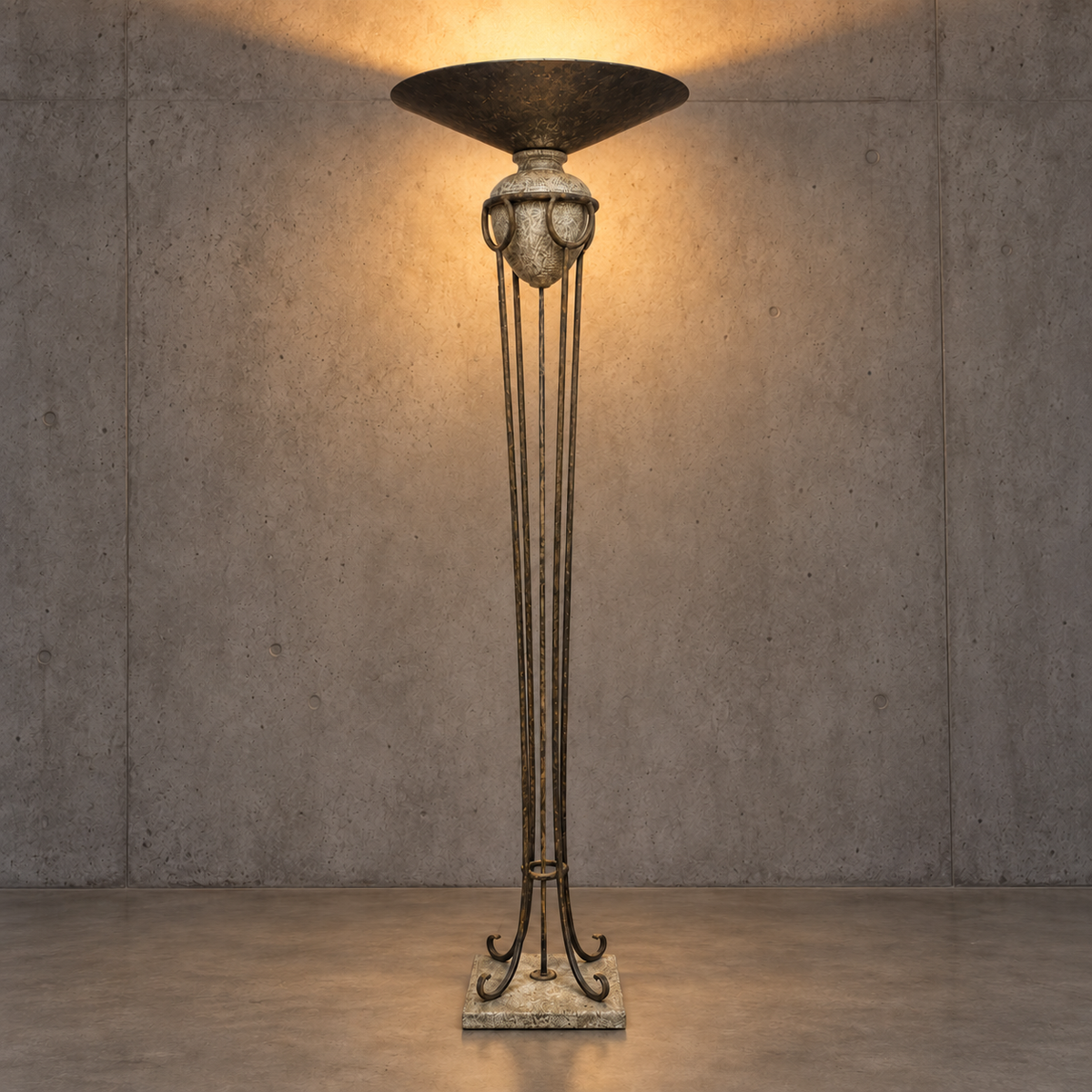 Neo classic forged floorlamp / metal shade/ stone base / 1970s