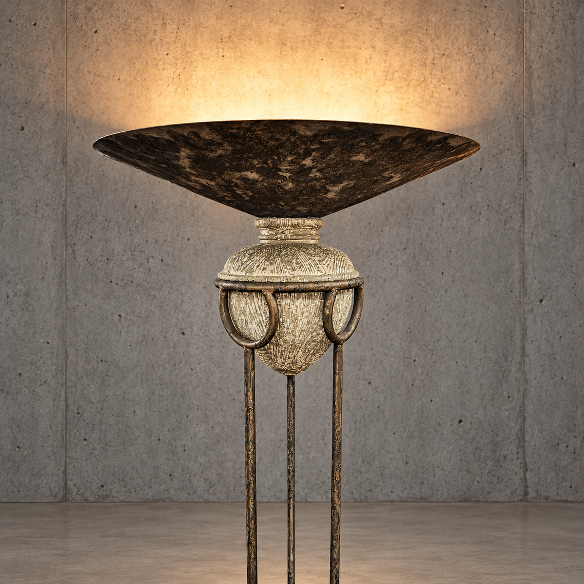 Neo classic forged floorlamp / metal shade/ stone base / 1970s