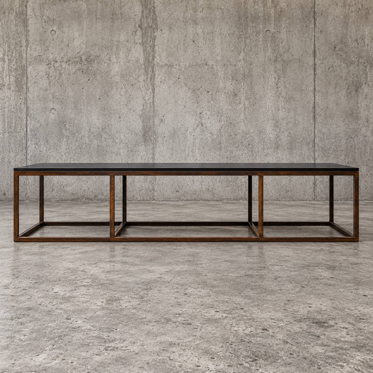 Weighty coffee table / solid iron frame / stone slate table tops / made on commission by architect Alex Vervoordt / Belgium 1990s /