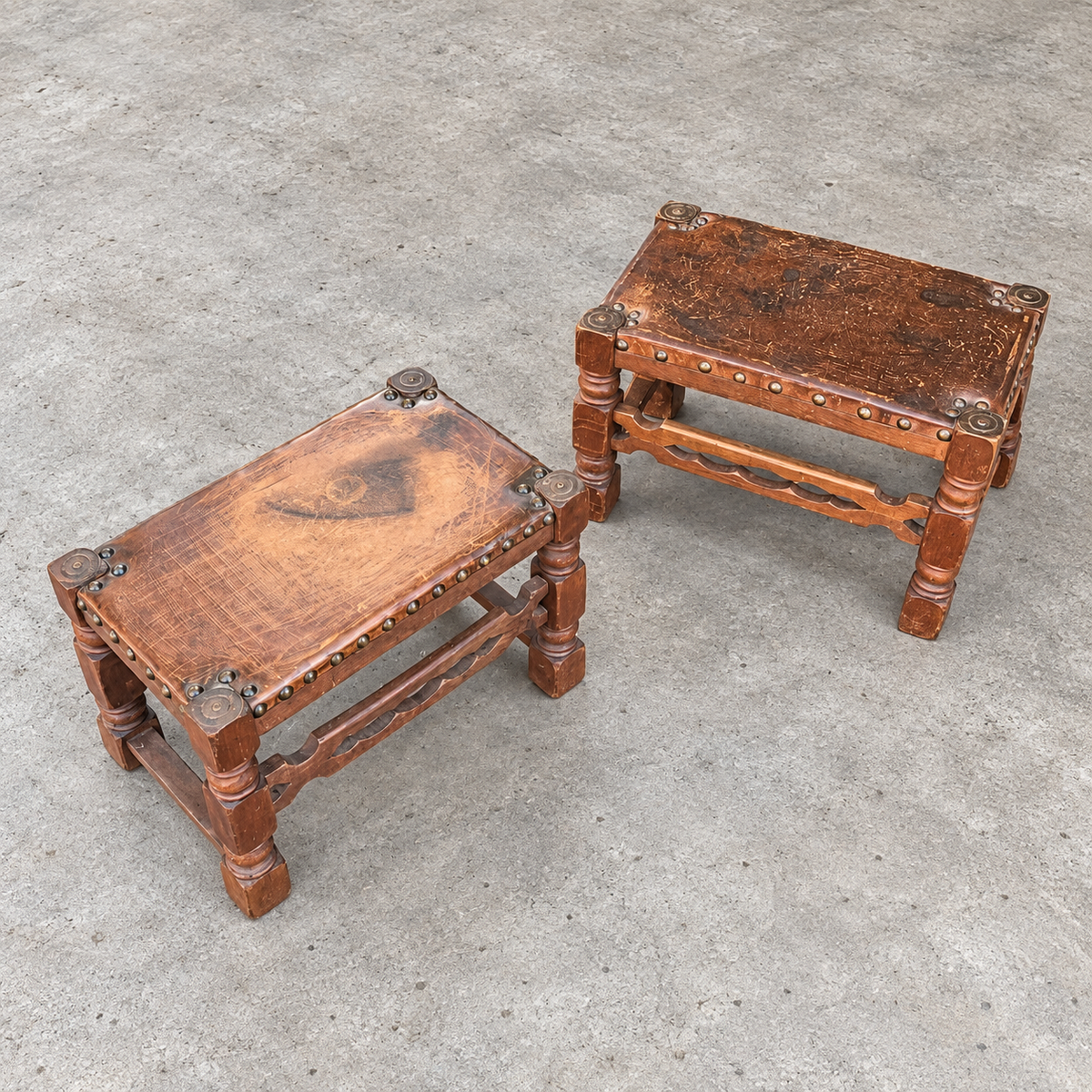 2 x Spanish footstool / wood leather / medieval-style / 1920s /