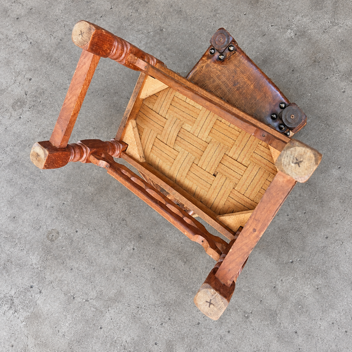 2 x Spanish footstool / wood leather / medieval-style / 1920s /