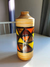 Mid-century pattern Vetrata vases and bowls by Aldo Londi for Bitossi Italy. Black, blue, orange and yellow on a brushed background.