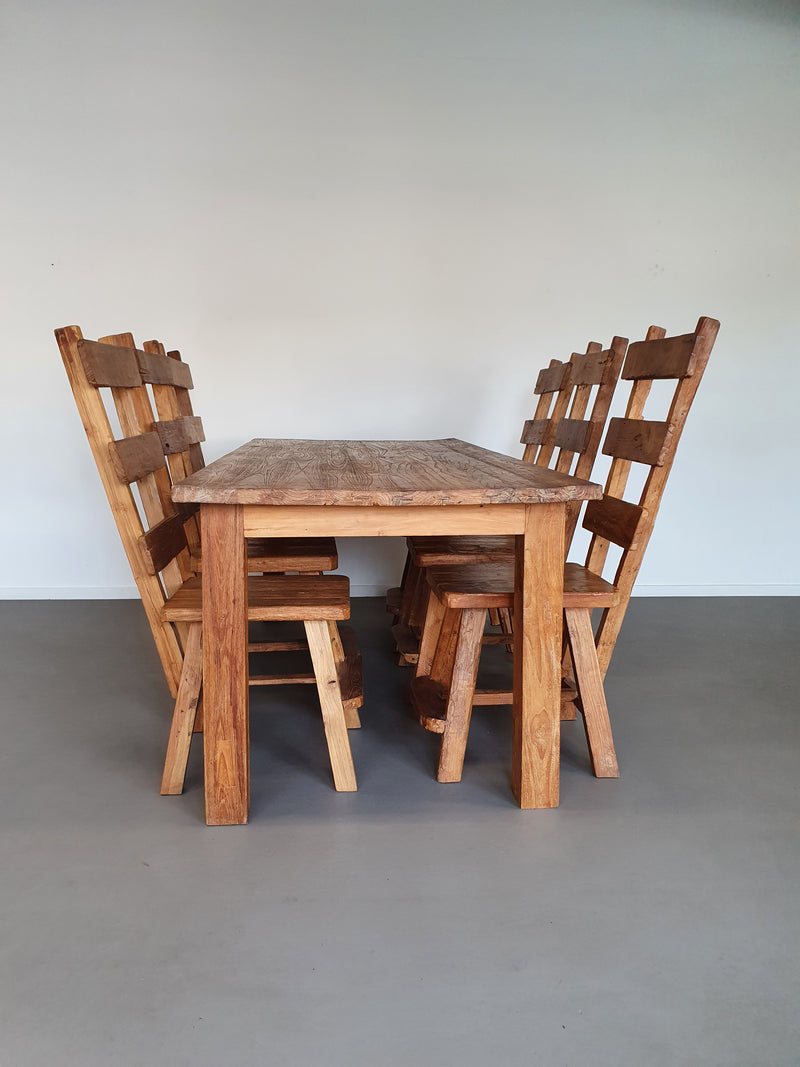 Olm wood brutalist wabi sabi eetkamerset / 6 stoelen / tafel.