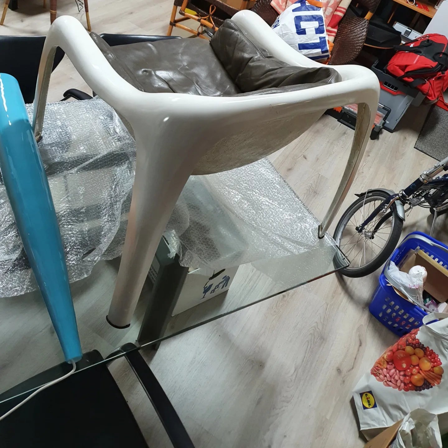 Very rare inside/outside polyester lounge chair with leather upholstery 1960s