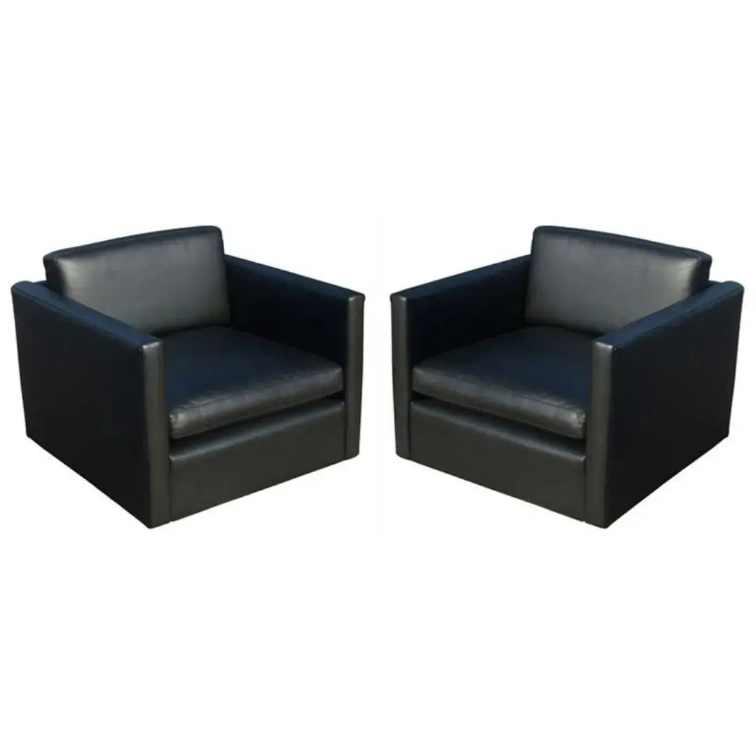 Black leather sofa and 4 x Cube club chairs designed for Knoll. Charles Pfister designed this perfectly proportioned lounge collection in 1971