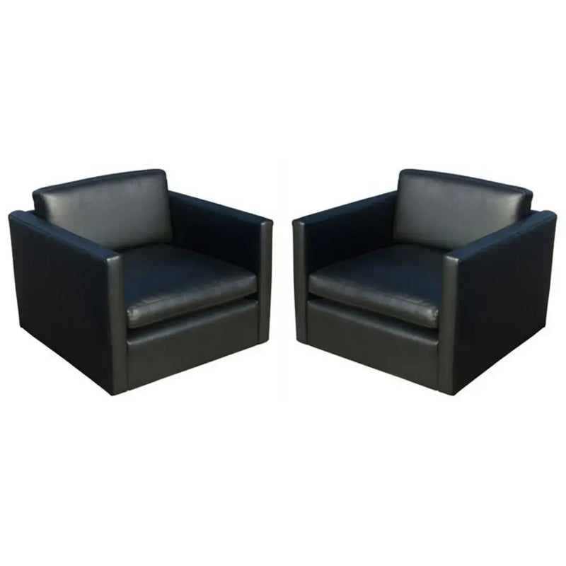 Black leather sofa and 4 x Cube club chairs designed for Knoll. Charles Pfister designed this perfectly proportioned lounge collection in 1971