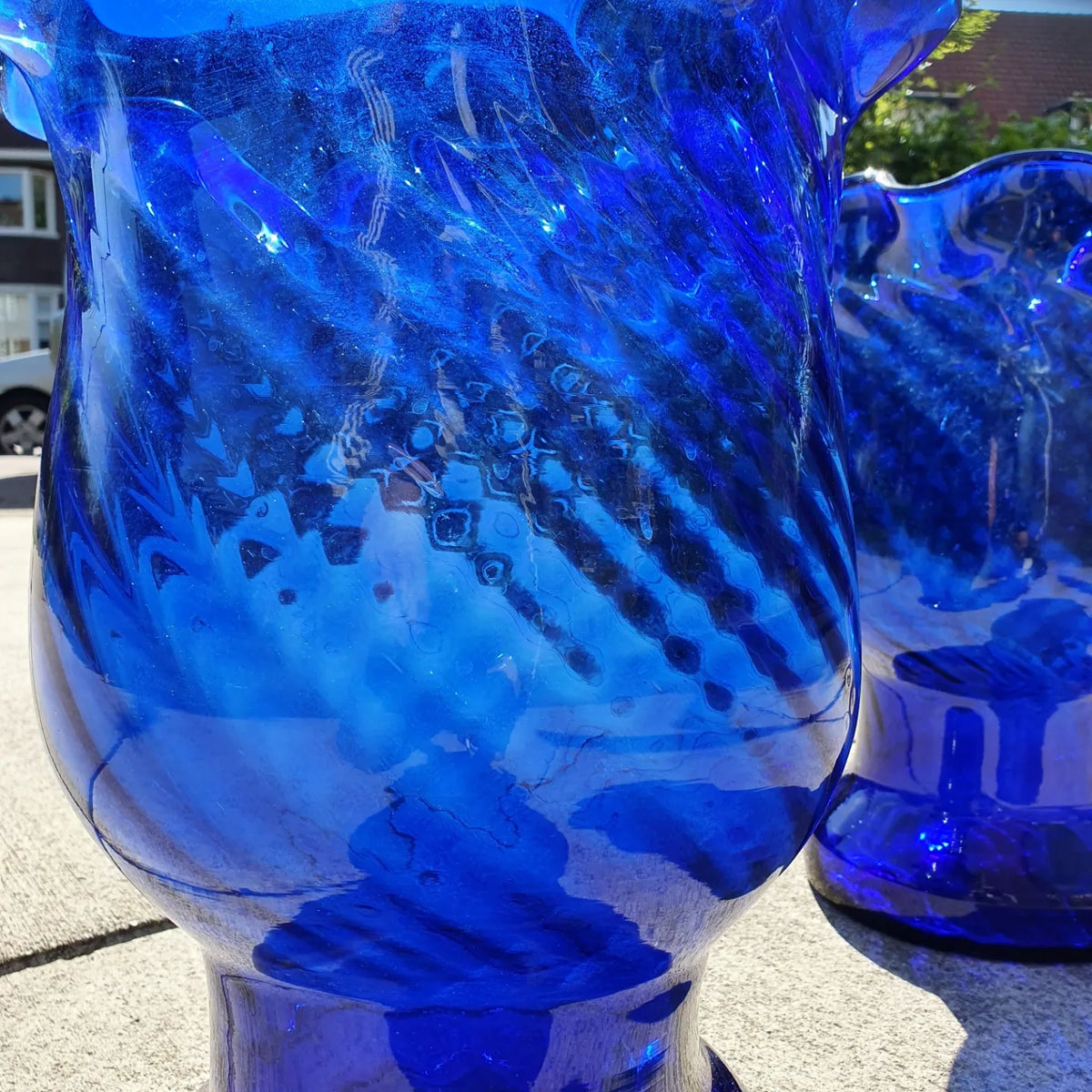 Large Vintage Spanish Cobalt Blue Glass Vases,  height 43 x deep 35, Set of 2.
